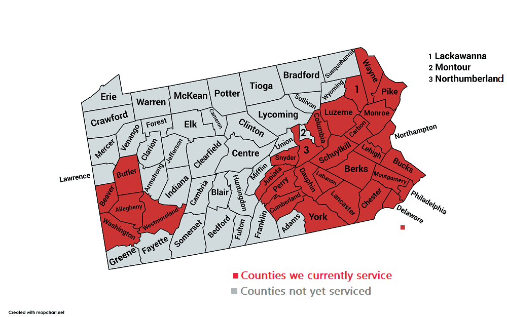 Locations Served of Pennsylvania 1 Roll-off dumpster rental in Pennsylvania